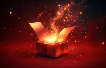 Aufkleber - Magical Open Gift Box with Glowing Light on Red Background