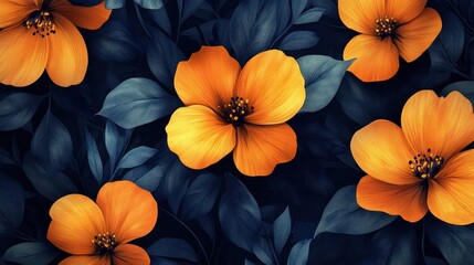 Wall Mural - Orange flowers dark leaves digital art nature background