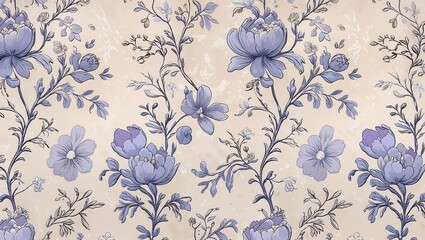 Poster - Hand-Drawn French Toile Floral Pattern with Roses, Peonies, and Daisies in Muted Pastels on Dreamy Vintage Background