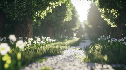 Sticker - Serene Pathway Through Lush Green Forest Surrounded by Bright Flowers and Soft Sunlight