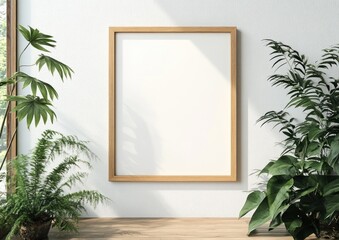 Aufkleber - Minimalist interior mockup with square wooden frame on white wall and decorative green plant branches