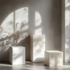 Poster - Minimalist geometric pedestals in soft light for product display and branding mockup