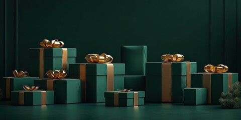 Poster - Minimalist still life scene with green gift boxes and gold ribbons on dark background for Christmas and New Year