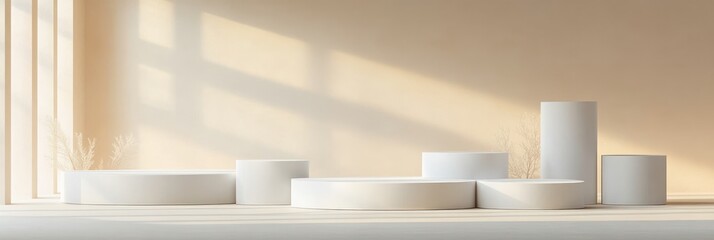 Poster - Minimalist Product Display Scene with White Cylindrical Forms on Beige Background