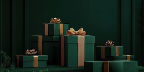 Poster - Minimalist Still Life with Green Gift Boxes and Gold Ribbons for Christmas and New Year Celebration