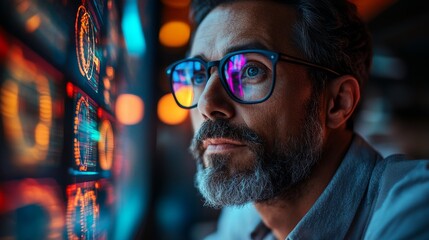 Poster - Data Analyst Examining Complex Financial Data on Holographic Display, Tech Professional Reviewing Real-time Information with a Serious Expression