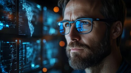 Poster - Data Analyst Monitoring Network Security: A Focused Man with Glasses Analyzing Complex Information Displayed on Screens, Ensuring Cyber Safety