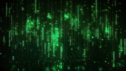 Poster - Green Binary Code Glitch Art Abstract Background with Neon Lighting Effects