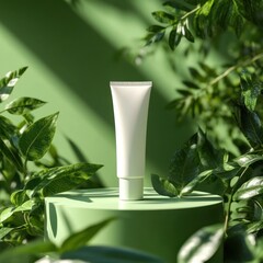 Poster - Minimalist Cosmetic Display on Circular Platform with Green Background and Lush Leaves