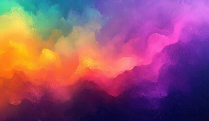 Poster - Vibrant Abstract Painting in Impressionism Style with Purple Orange and Green Hues Soft Light Dreamy Atmosphere Fluid Composition