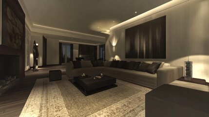 Poster - An elegant living room setup with a modern sectional sofa, a chic area rug, and artistic wall decor, highlighting contemporary interior design