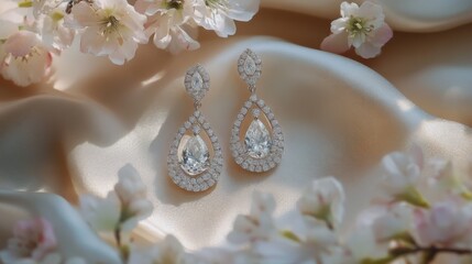 Poster - An elegant presentation of diamond earrings on a soft silk cloth, arranged with delicate floral accents, enhancing their luxury and charm