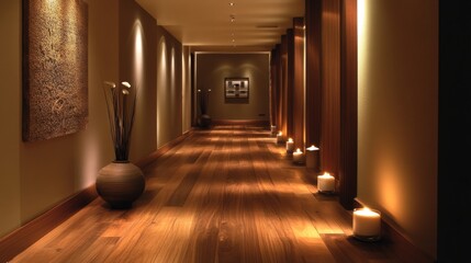 Fototapete - An inviting minimalist hallway with wooden flooring, soft lighting, and a few decorative elements that enhance the simplicity and elegance of the space