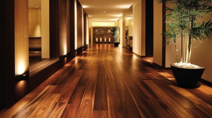 Poster - An inviting minimalist hallway with wooden flooring, soft lighting, and a few decorative elements that enhance the simplicity and elegance of the space