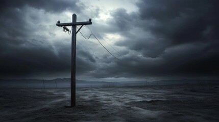 Poster - An isolated utility pole in a barren landscape, emphasizing its role in providing power amidst a vast, open environment with dramatic lighting