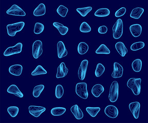 Poster - A blue background with many different shaped rocks scattered across it. The rocks are all different sizes and shapes, creating a sense of depth and texture