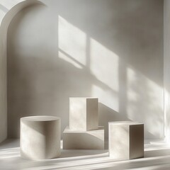 Poster - Minimalist Still Life Composition with Geometric White Pedestals and Soft Natural Light
