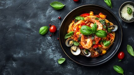 Wall Mural - A beautifully plated dish of spaghetti with seafood, featuring clams, shrimp, and a rich tomato sauce, garnished with basil leaves and Parmesan cheese