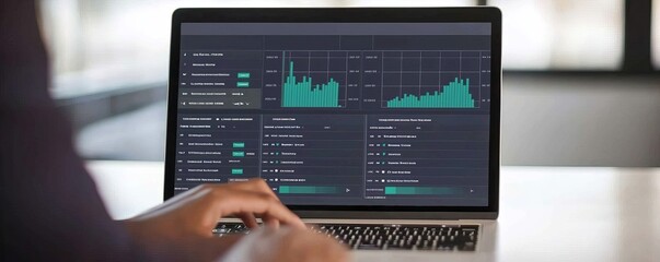 Wall Mural - Marketing analytics consumer optimization concept. Analysis of data on a laptop screen with financial graphs and statistics.