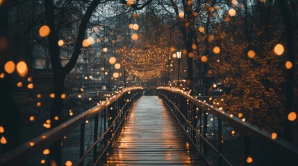 Poster - A bridge framed by trees along the riverbank, with twinkling lights strung along the railings, creating a magical ambiance in the nighttime setting