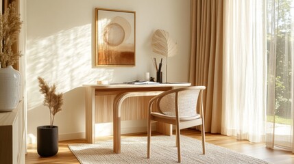 Aufkleber - A bright, airy home office with a minimal desk design, featuring a simple chair, a few decorative items, and sunlight filtering through sheer curtains