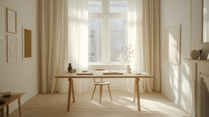 Poster - A bright, airy home office with a minimal desk design, featuring a simple chair, a few decorative items, and sunlight filtering through sheer curtains