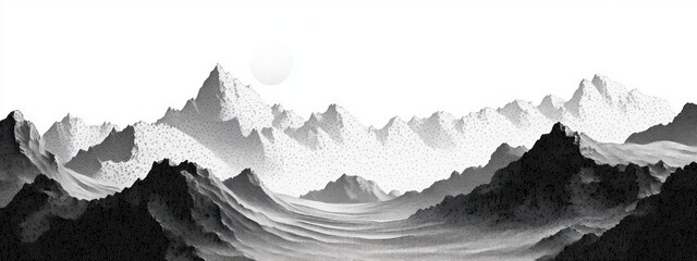 Poster - Monochromatic Pointillism Landscape Illustration Mountains Depth Textures Natural Light