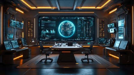 Aufkleber - Futuristic Control Room: Monitoring Earth Data on a Large Screen in a High-Tech Environment with Computers, Consoles, and Advanced Technology Systems.