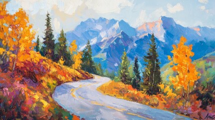 Poster - A close-up of a mountain road with colorful fall foliage, curves, and a backdrop of towering peaks, showcasing the vibrant colors and beauty of a seasonal drive.