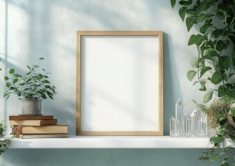 Aufkleber - Minimalist Interior Mockup with Wooden Frame and Green Plants on Shelf with Books and Crystals in Modern Scandinavian Style