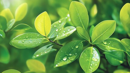 Poster - A close-up of mangrove leaves with water droplets, capturing the details of their texture and color against the backdrop of the forest