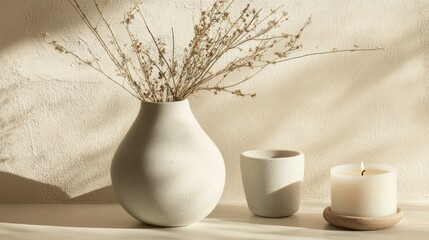 Poster - A close-up of minimalist home decor items, including a simple vase, a candle, and natural textures, arranged on a clean countertop