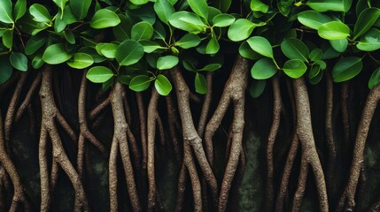 Poster - A close-up of the unique bark texture of a mangrove tree, surrounded by green leaves and water, highlighting the resilience of coastal ecosystems