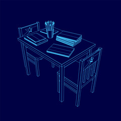 Poster - A blue table with a pencil holder and books on it. The pencil holder is on the table and the books are stacked on top of each other. The table is set up for a child to do their homework