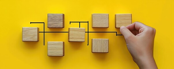 Aufkleber - Workflow Automation and Business Process Optimization with Wooden Block Flowchart on Yellow Background