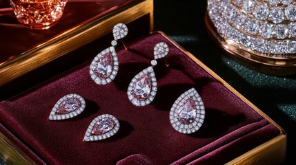 Poster - A creative flat lay of diamond earrings alongside other fine jewelry pieces, arranged artistically on a plush surface to convey a sense of luxury and style