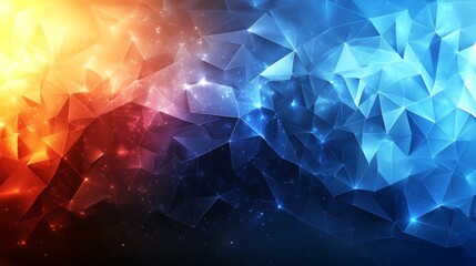 Fototapete - Geometric Abstract: Dynamic Polygonal Design with Fiery Orange to Cool Blue Gradient and Sparkling Accents, Creating a Modern and Energetic Visual Composition.