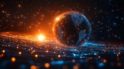 Leinwandbilder - Global Network Connectivity: A Digital Earth with Interconnected Data Flow, Showcasing Futuristic Technology and Communication Infrastructure
