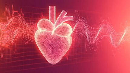 Fototapete - A digitally created visualization of heart waves pulsating in synchronization, with a gradient background transitioning from deep red to soft pink