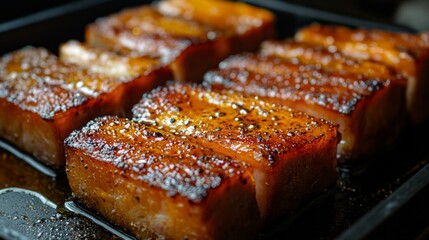 Poster - A dramatic shot of pork belly sizzling in a frying pan, with droplets of oil splattering, capturing the essence of a delicious cooking moment