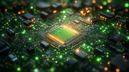 Fototapete - Glowing Green Circuit Board: A Detailed View of Microchips, Components, and Interconnected Networks for Future Technology and High-Tech Innovations