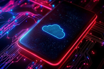 Wall Mural - Digital transformation cybersecurity efficiency concept. Futuristic smartphone with cloud symbol on a vibrant, abstract circuit background.