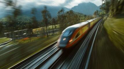 Fototapete - A high-speed train racing through a scenic landscape, with motion blur emphasizing the speed and efficiency of modern rail transport.