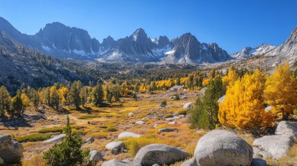Poster - A high mountain range during autumn, with the vibrant colors of changing leaves contrasting against the rocky peaks and clear sky.