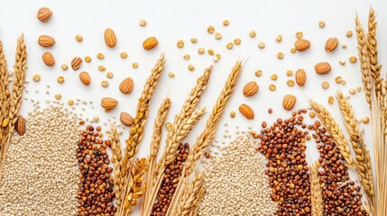 Leinwandbilder - A mix of grains like quinoa, millet, and farro displayed in a layered pattern on a white background, creating a minimalist composition