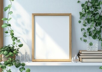 Aufkleber - Minimalist Interior Mockup with Wooden Frame on White Shelf with Green Plant Books and Crystal Decor in Scandinavian Style