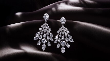 Poster - A pair of elegant chandelier diamond earrings showcased on a dark velvet cloth, with soft lighting creating dramatic shadows that enhance their beauty