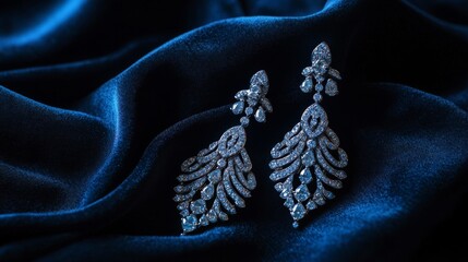 Poster - A pair of elegant chandelier diamond earrings showcased on a dark velvet cloth, with soft lighting creating dramatic shadows that enhance their beauty