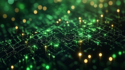Poster - Green Circuitry: Abstract Digital Network with Glowing Connections, Representing Artificial Intelligence, Data Flow, and Futuristic Technology