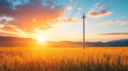 Poster - A rural landscape featuring a lone utility pole standing tall in a golden wheat field, with the sun setting in the background, symbolizing solitude and strength